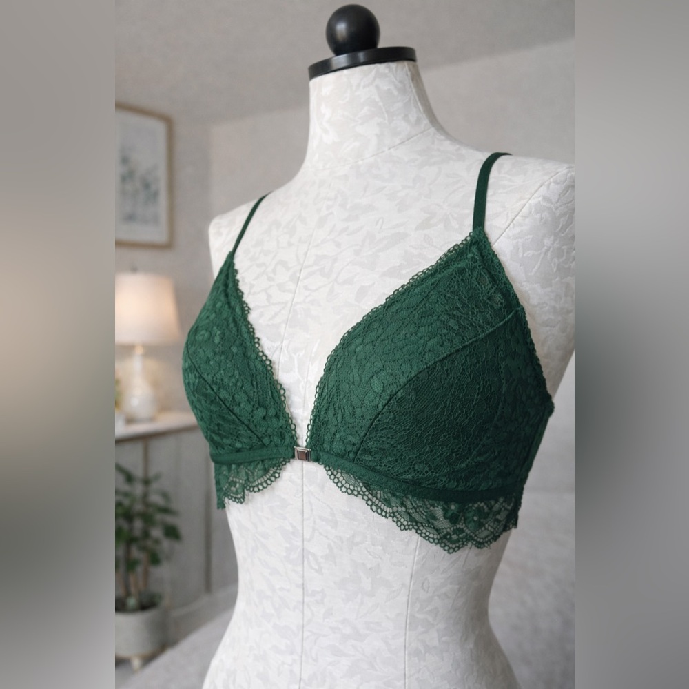 Lace Bralette with Front Closure - Dark Green